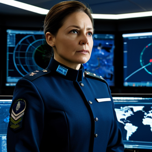 A professional military commander, an experienced female strategist, dressed in a modest, dark blue, high-collared professional uniform adorned with subtle badges. She stands with a determined expression in a sophisticated digital operations room, observing a holographic map that displays complex ground troop movements and tactical overlays. The background features dimly lit, large-scale monitors showing real-time data and strategic projections. Perfect anatomy, correct proportions, natural pose, well-formed hands, proper finger count, natural body proportions, safe for work, appropriate content, fully clothed, professional dress, high-resolution, sharp focus, professional photography.