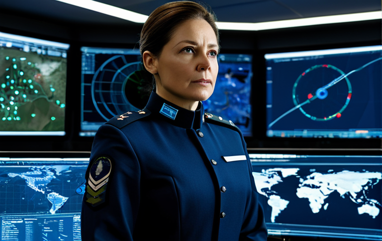 A professional military commander, an experienced female strategist, dressed in a modest, dark blue, high-collared professional uniform adorned with subtle badges. She stands with a determined expression in a sophisticated digital operations room, observing a holographic map that displays complex ground troop movements and tactical overlays. The background features dimly lit, large-scale monitors showing real-time data and strategic projections. Perfect anatomy, correct proportions, natural pose, well-formed hands, proper finger count, natural body proportions, safe for work, appropriate content, fully clothed, professional dress, high-resolution, sharp focus, professional photography.