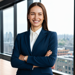 **

A professional businesswoman in a modest business suit, standing confidently in a modern office with large windows overlooking a cityscape. She is fully clothed and smiling warmly. Appropriate attire, safe for work, perfect anatomy, natural proportions, professional photography, high quality.

**