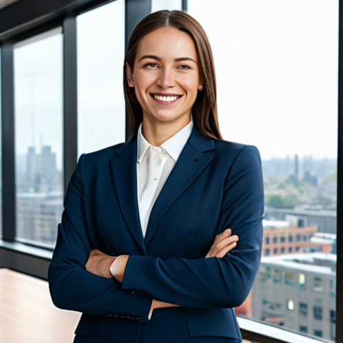 **

A professional businesswoman in a modest business suit, standing confidently in a modern office with large windows overlooking a cityscape. She is fully clothed and smiling warmly. Appropriate attire, safe for work, perfect anatomy, natural proportions, professional photography, high quality.

**