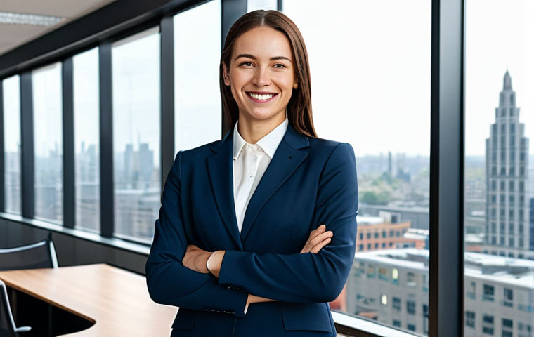 **
A professional businesswoman in a modest business suit, standing confidently in a modern office with large windows overlooking a cityscape. She is fully clothed and smiling warmly. Appropriate attire, safe for work, perfect anatomy, natural proportions, professional photography, high quality.
**