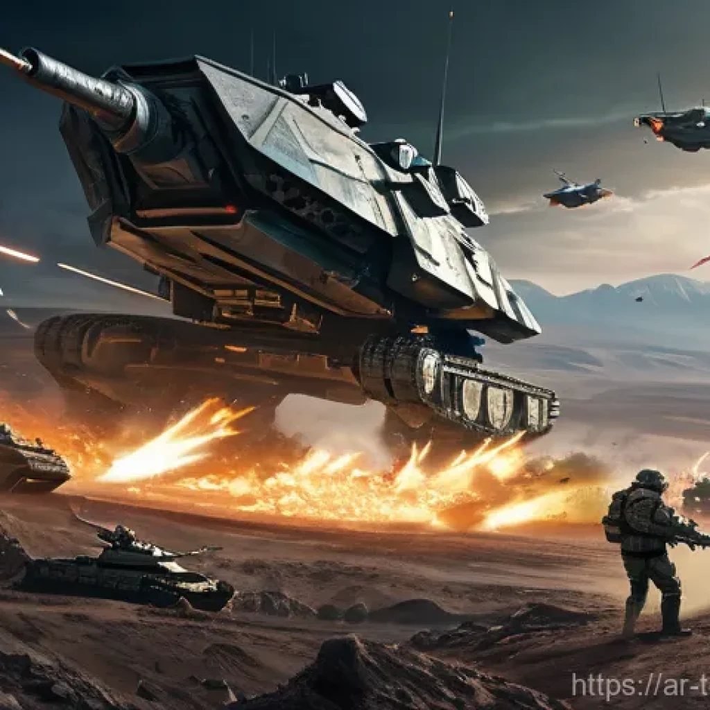 top war PvE 공략 - **Prompt:** A dynamic, futuristic battlefield scene at twilight. In the foreground, heavily armored ...