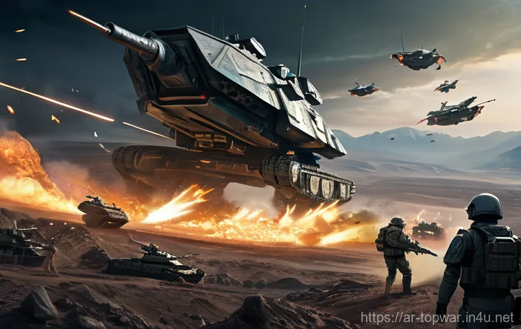 top war PvE 공략 - **Prompt:** A dynamic, futuristic battlefield scene at twilight. In the foreground, heavily armored ...