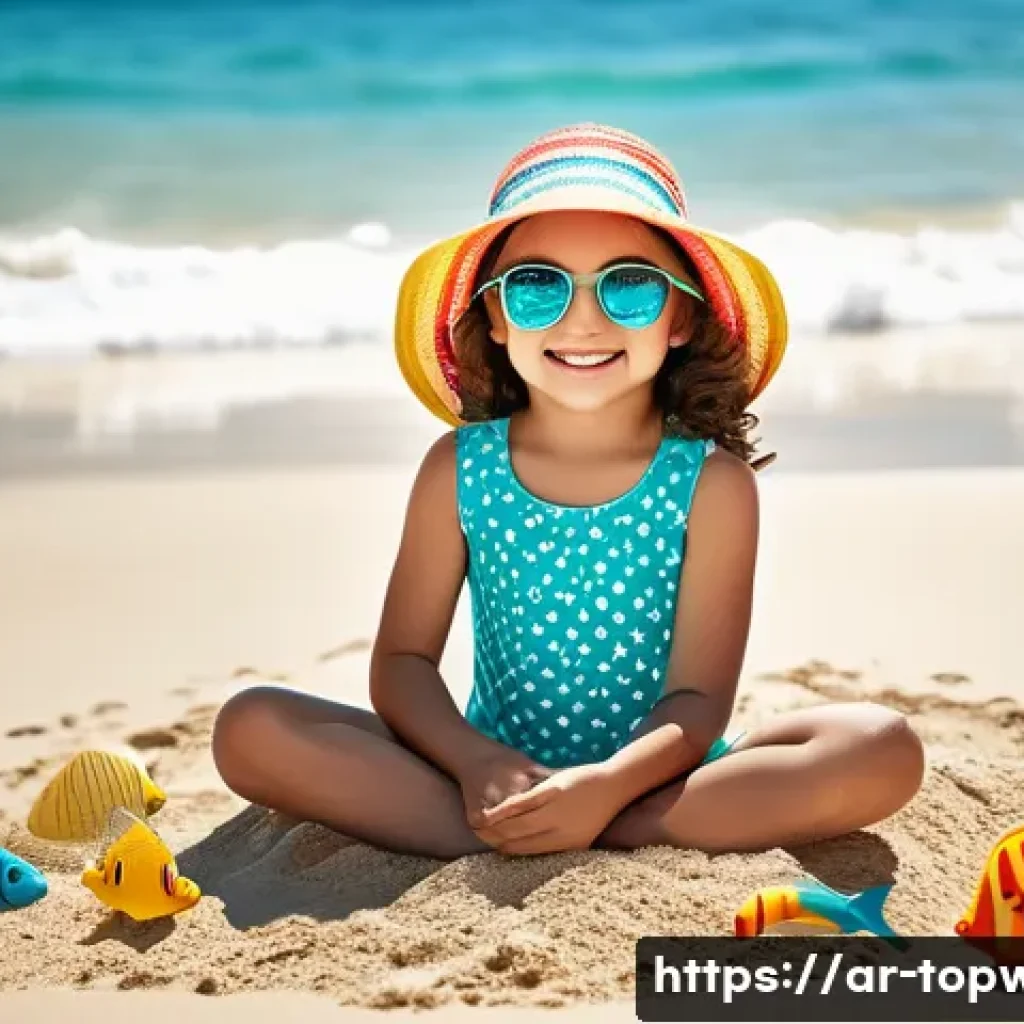 top war 실시간 전략 가이드 - **Prompt:** "A young girl, around 7 years old, wearing a colorful, modest swimsuit with a playful pa...