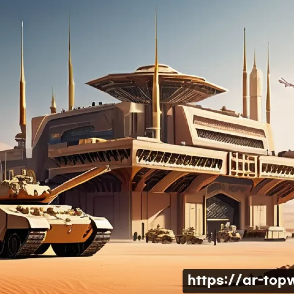top war 글로벌 서버 랭킹전 - A highly detailed digital artwork of a balanced military base in a futuristic desert environment ins...