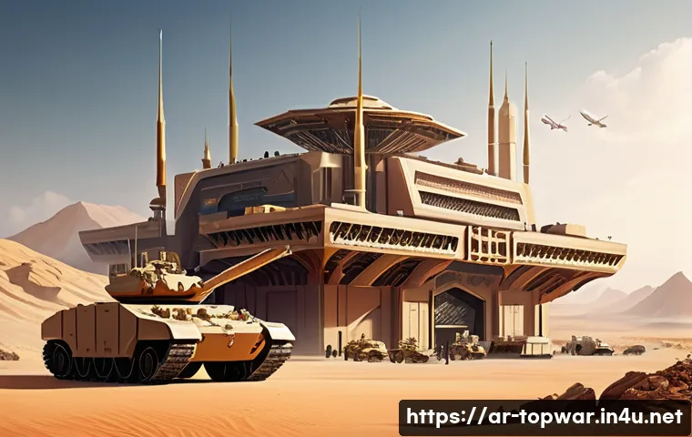 top war 글로벌 서버 랭킹전 - A highly detailed digital artwork of a balanced military base in a futuristic desert environment ins...