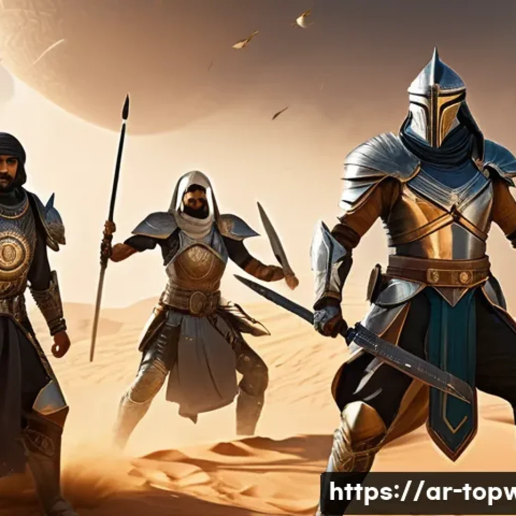 top war 영웅 상성 조합 - A dynamic battle scene featuring a diverse team of Arabic-inspired heroic warriors in detailed, orna...