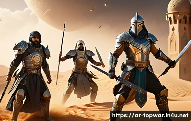 top war 영웅 상성 조합 - A dynamic battle scene featuring a diverse team of Arabic-inspired heroic warriors in detailed, orna...