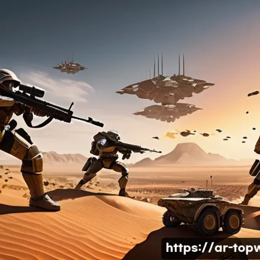 top war PvP 매칭 시스템 - A dynamic battlefield scene from Top War PvP featuring diverse armies clashing under a desert sunset...