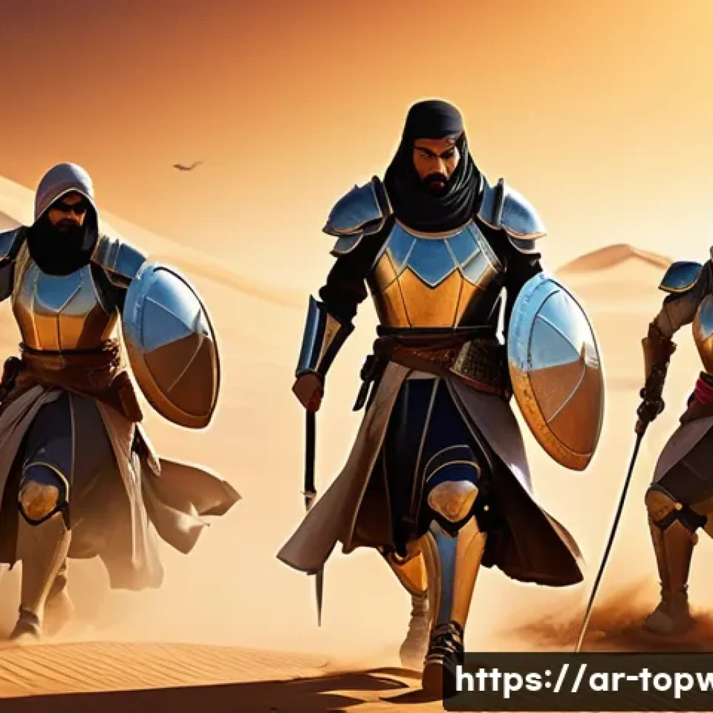 top war 영웅 등급 순위 - A dynamic battle scene in a desert-themed Middle Eastern landscape featuring a diverse team of heroe...