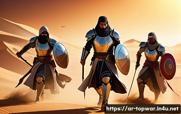 top war 영웅 등급 순위 - A dynamic battle scene in a desert-themed Middle Eastern landscape featuring a diverse team of heroe...