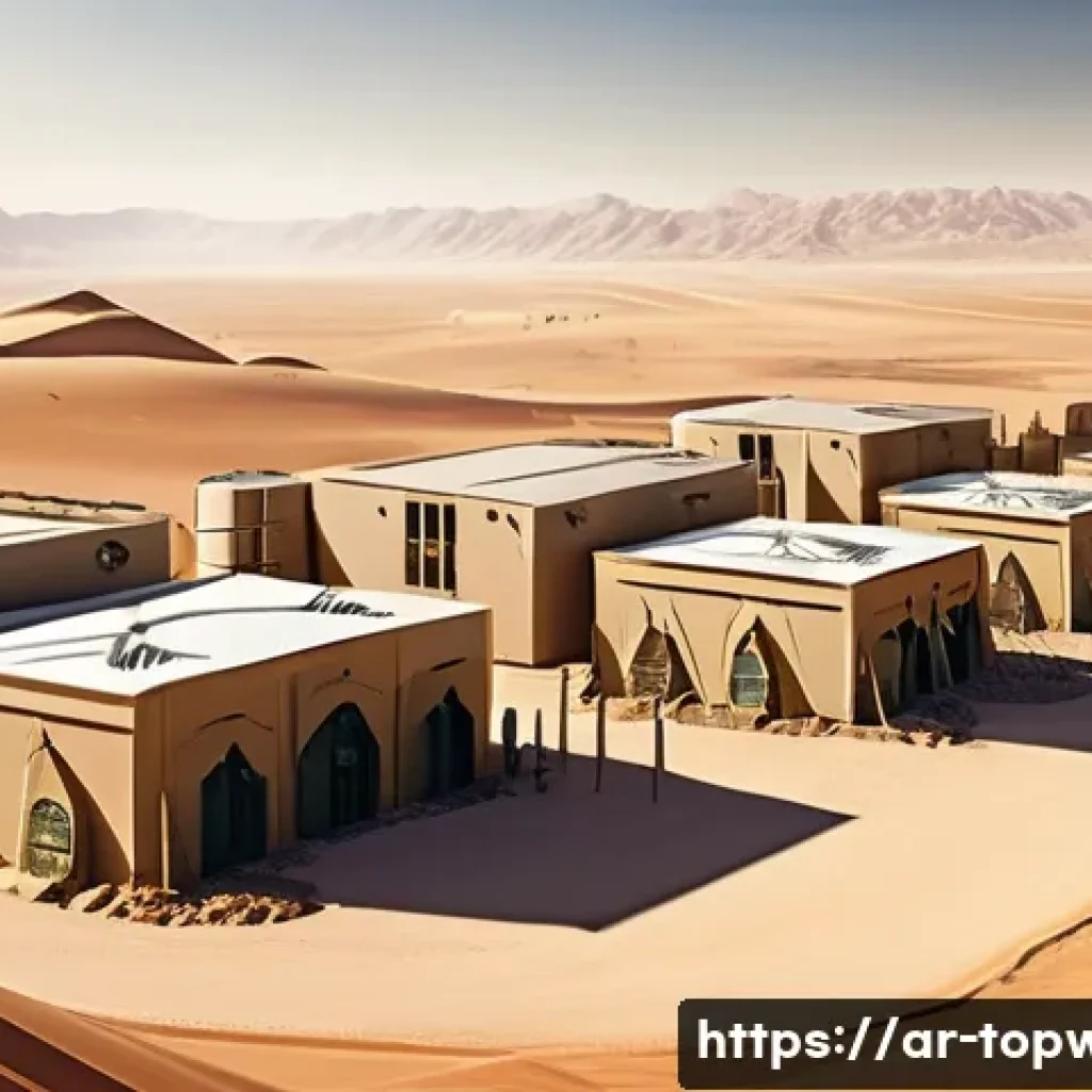 top war 훈련소 배치 가이드 - A detailed digital illustration of a futuristic military training camp in a desert environment inspi...
