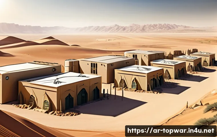 top war 훈련소 배치 가이드 - A detailed digital illustration of a futuristic military training camp in a desert environment inspi...