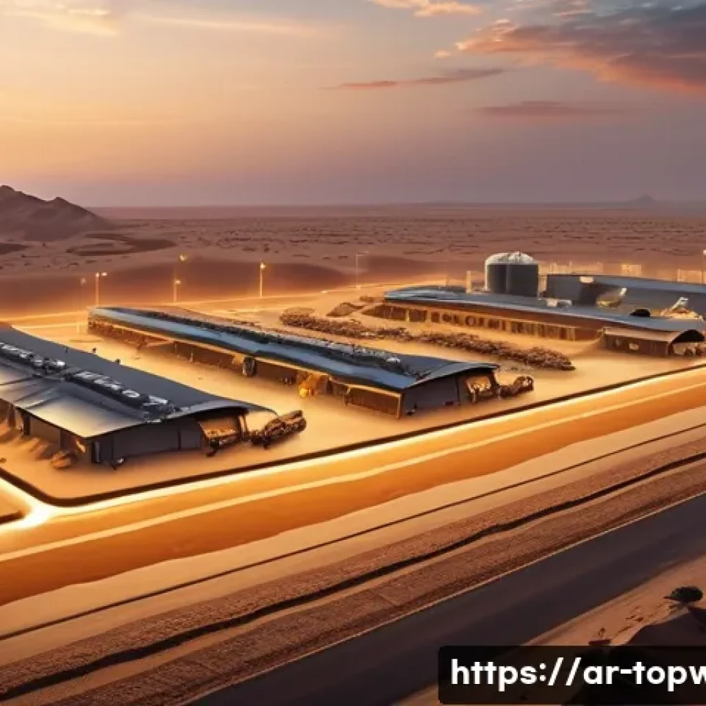 top war 전쟁 시뮬레이션 도구 - A detailed military base in a Middle Eastern desert setting during sunset, featuring advanced resour...