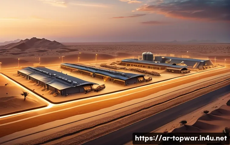 top war 전쟁 시뮬레이션 도구 - A detailed military base in a Middle Eastern desert setting during sunset, featuring advanced resour...