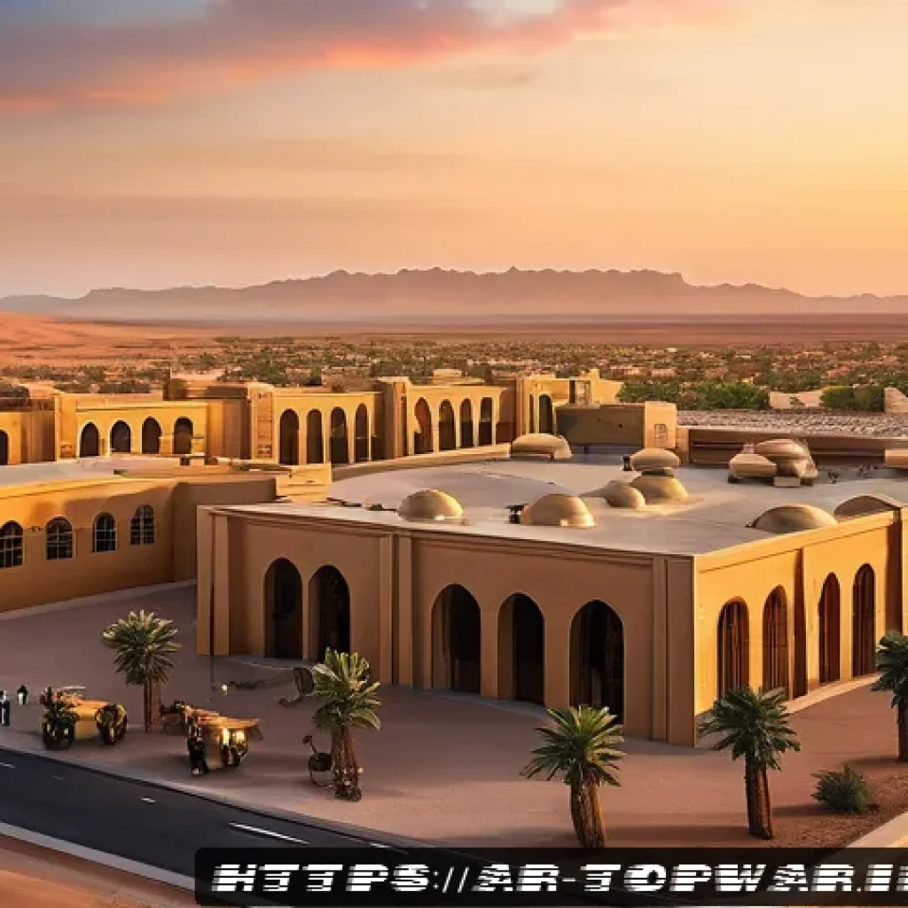 top war 빠른 자원 수집 팁 - A bustling Middle Eastern-inspired military base at sunset, featuring well-organized resource buildi...
