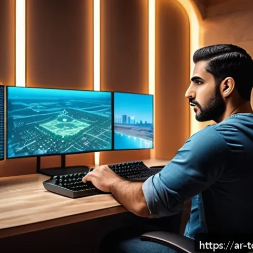 top war 일일 퀘스트 공략 - A detailed digital illustration of an Arabic gamer sitting in a modern gaming room, focused on a lar...