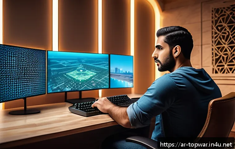 top war 일일 퀘스트 공략 - A detailed digital illustration of an Arabic gamer sitting in a modern gaming room, focused on a lar...