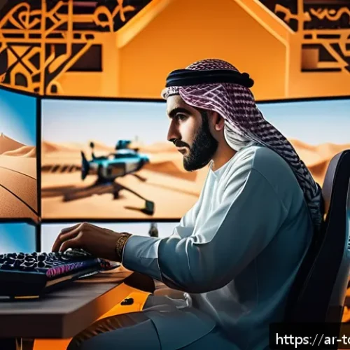 top war 게임 코칭 서비스 - A detailed digital artwork of a Middle Eastern male gamer seated in a modern gaming setup, with Arab...