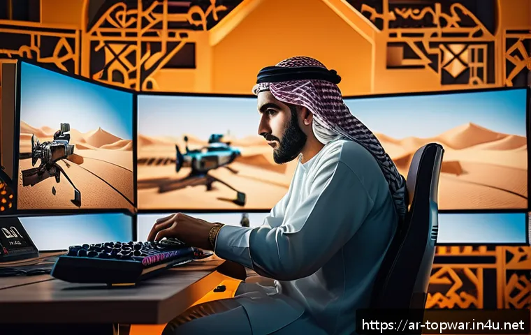 top war 게임 코칭 서비스 - A detailed digital artwork of a Middle Eastern male gamer seated in a modern gaming setup, with Arab...