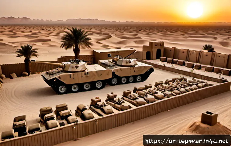 Home 17 top war 기지 방어 팁 - Photorealistic desert command base defense scene at dawn, reinforced stone walls, watchtowers, sandb...