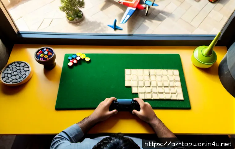 top war 성장 보너스 활용법 - Photorealistic overhead view of an Arab young adult gamer at a clean modern desk, strategically comp...